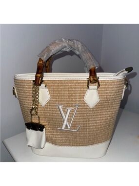 White Leather Straw Fashion LV Tote w/ Bamboo Handles